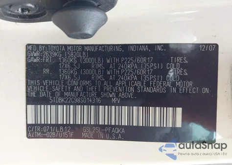 2008 Toyota Sienna Limited z USA, uszkodzony, nr VIN 5TDBK22C98S014316